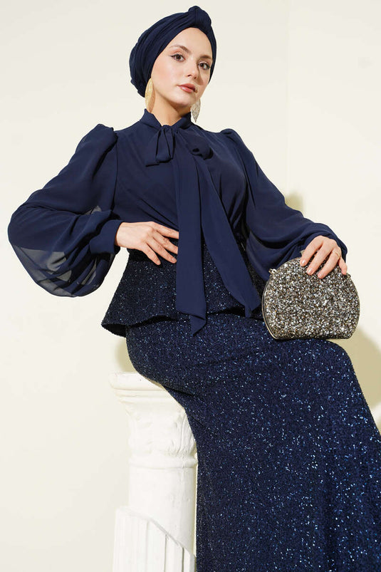 Parlak Pul Detaylı Abiye İkili Takım Lacivert