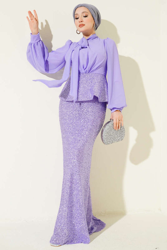 Parlak Pul Detaylı Abiye İkili Takım Lila