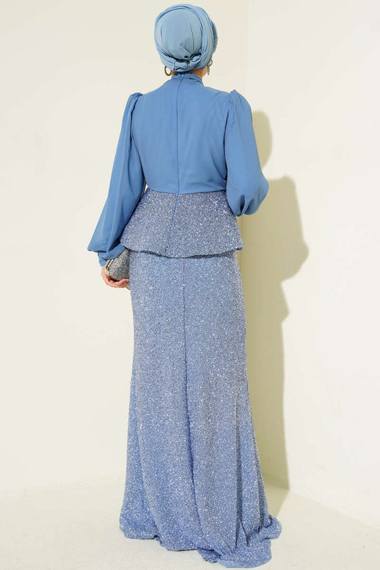 Parlak Pul Detaylı Abiye İkili Takım Mavi
