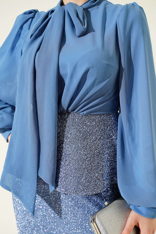 Parlak Pul Detaylı Abiye İkili Takım Mavi