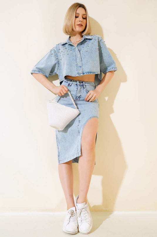 Parlak Taş Süslemeli Kısa Kot Ceket Mavi