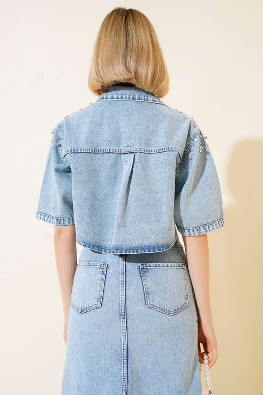 Parlak Taş Süslemeli Kısa Kot Ceket Mavi