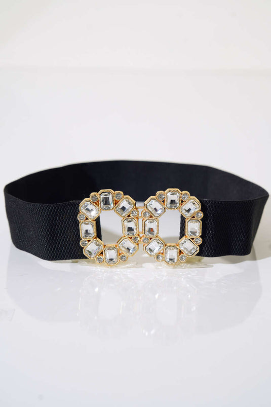 Shiny Stone Elastic Belt Gold Black