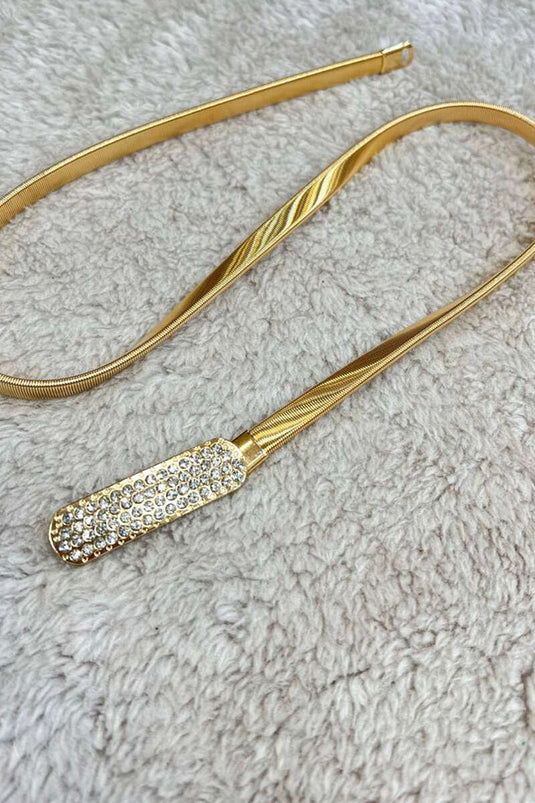 Parlak Taşlı Toka İtalyan Yassı Kemer Gold