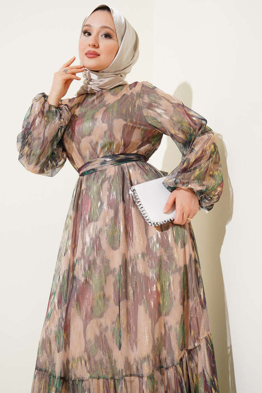 Parlak Tül Detaylı Elbise Haki