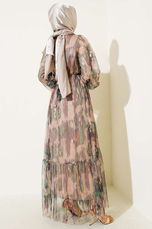 Parlak Tül Detaylı Elbise Haki