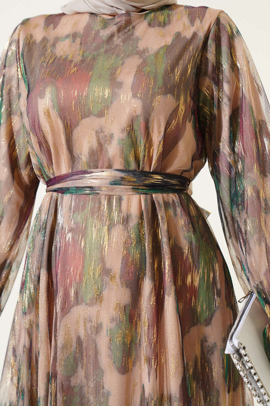 Parlak Tül Detaylı Elbise Haki