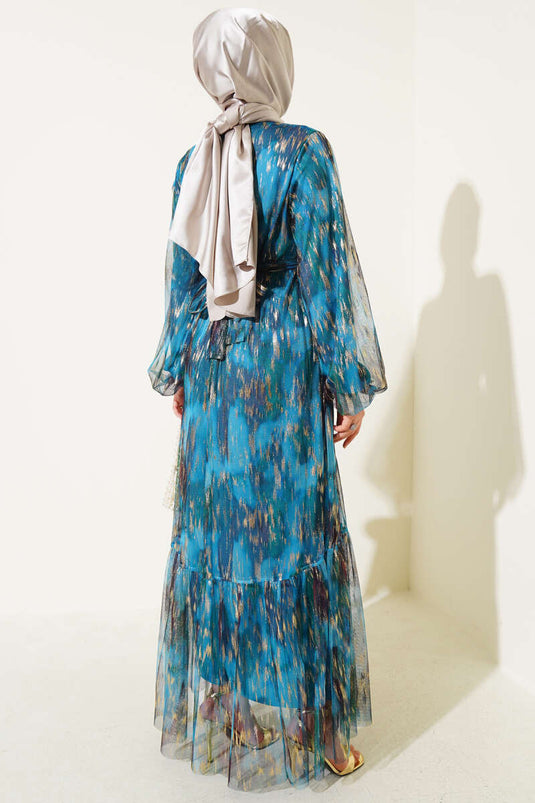 Parlak Tül Detaylı Elbise Petrol