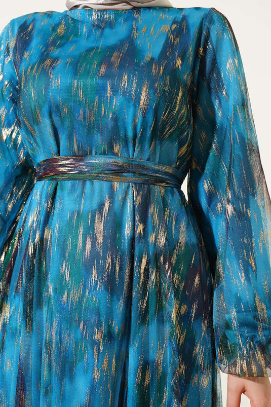 Parlak Tül Detaylı Elbise Petrol