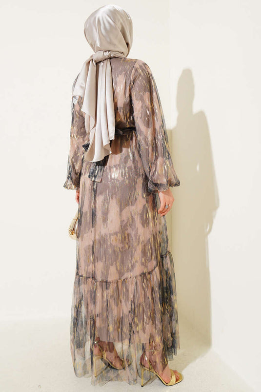 Parlak Tül Detaylı Elbise Siyah