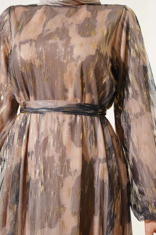 Parlak Tül Detaylı Elbise Siyah