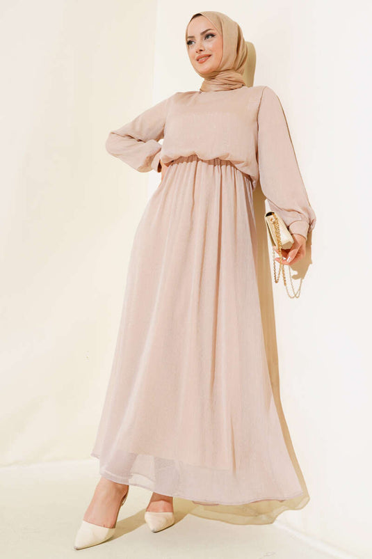 Shiny Tulle Dress Beige