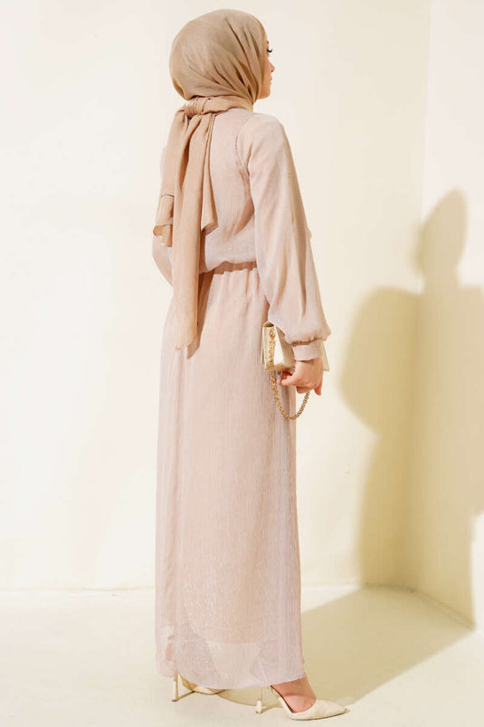 فستان تول لامع باللون البيج