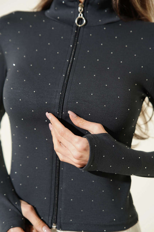 Parmak Geçirmeli Taşlı Hırka Antrasit