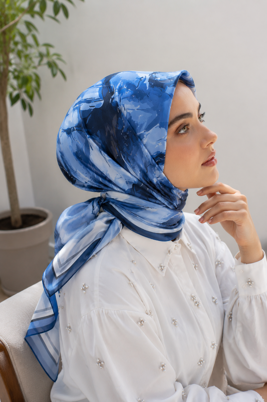 Pastel Çiçek Desen Eşarp Serisi Lacivert