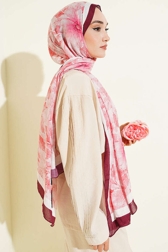 Pastel Çiçekli Bambu Kraş Şal Bordo