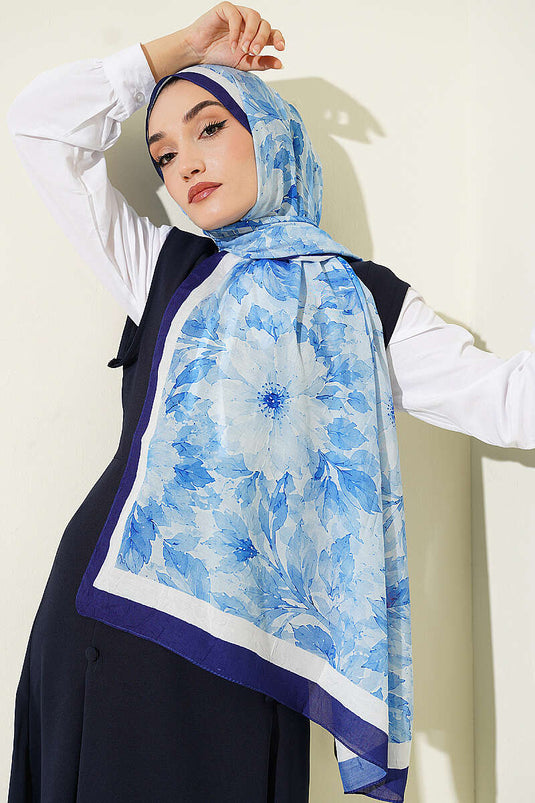 Pastel Çiçekli Bambu Kraş Şal Lacivert