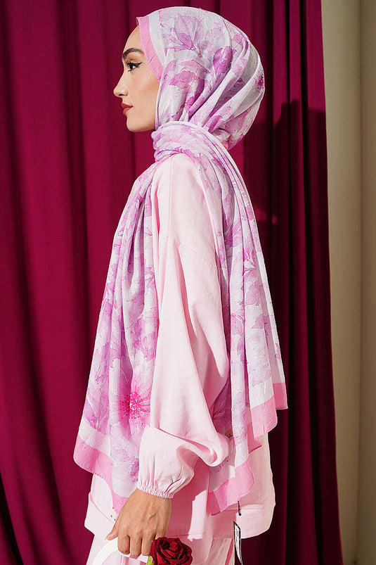 Pastel Çiçekli Bambu Kraş Şal Pembe