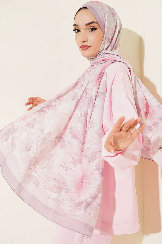 Pastel Çiçekli Bambu Kraş Şal Pudra