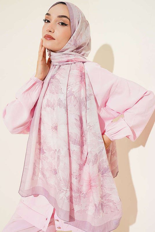 Pastel Çiçekli Bambu Kraş Şal Pudra