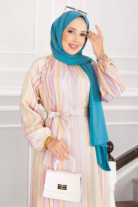 Robe Pastel Rayée Avec Ceinture Jaune