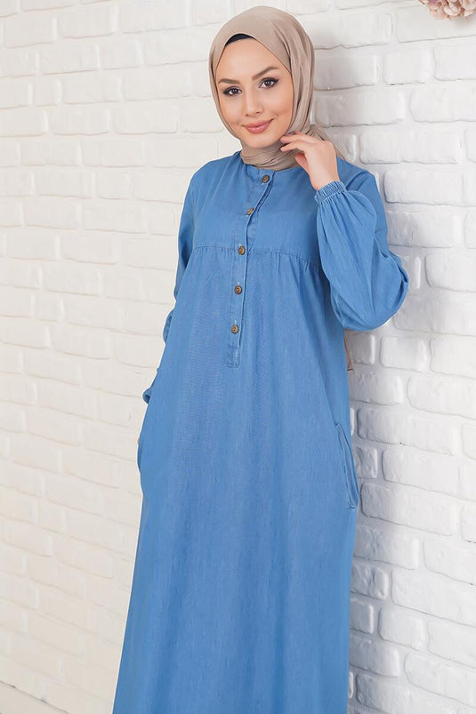 Denim Blue Dress with Five Buttons and Placket