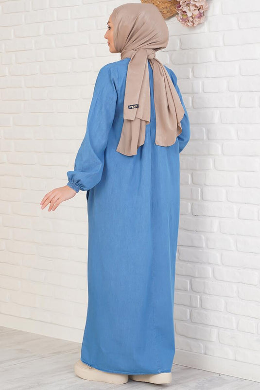 Denim Blue Dress with Five Buttons and Placket