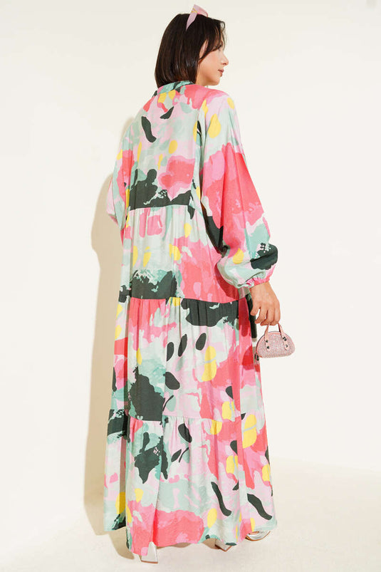 Patlı Desenli Elbise Su Yeşili