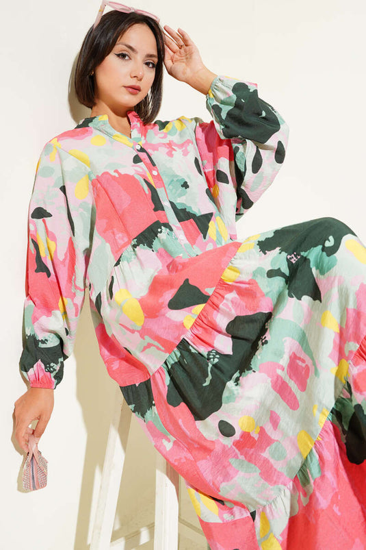 Patlı Desenli Elbise Su Yeşili