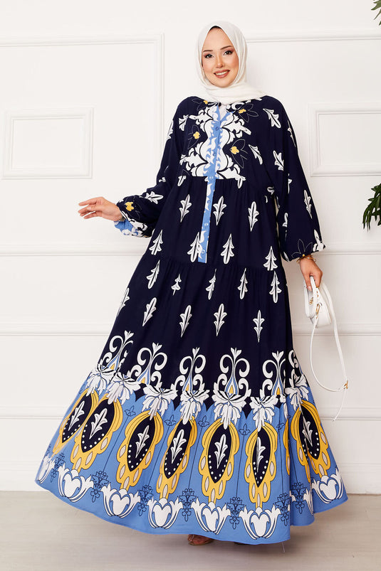 Half Buttoned Viscose Hijab Dress with Placket Navy Blue