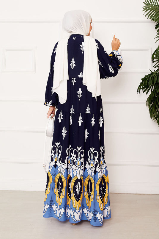 Half Buttoned Viscose Hijab Dress with Placket Navy Blue