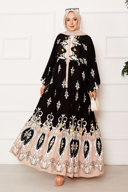 Vestido hijab de viscosa con medio botón y tapeta en negro