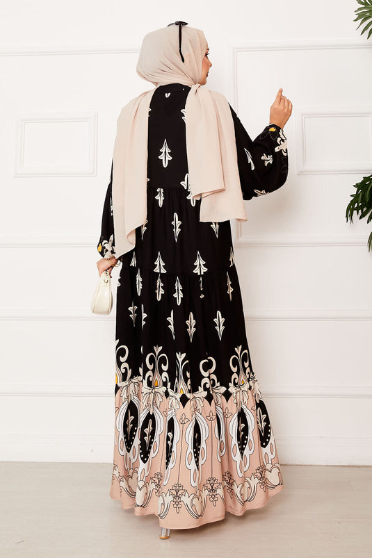 Vestido hijab de viscosa con medio botón y tapeta en negro