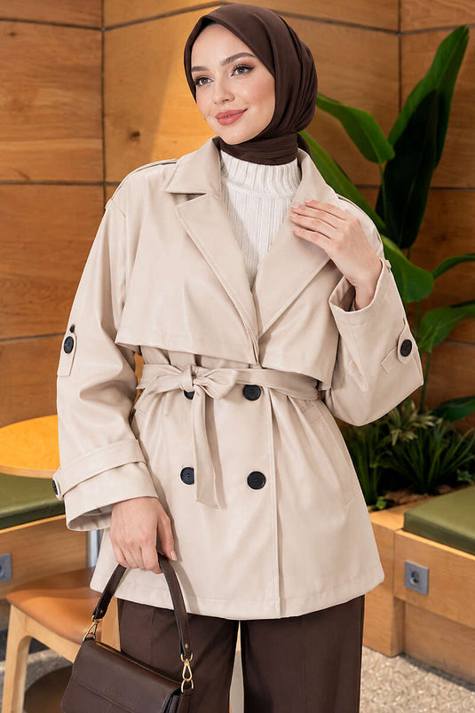 Beige Leder Trenchcoat Mit Schulterklappen Und Cape