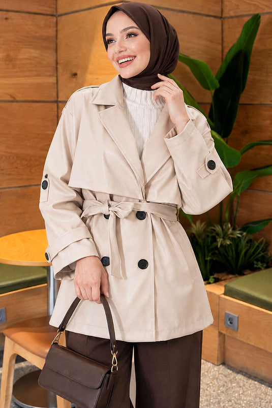 Beige Leder Trenchcoat Mit Schulterklappen Und Cape