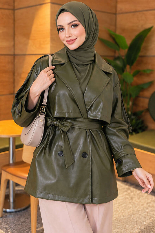Leder Trenchcoat Mit Schulterklappen In Khaki