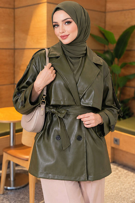 Leder Trenchcoat Mit Schulterklappen In Khaki