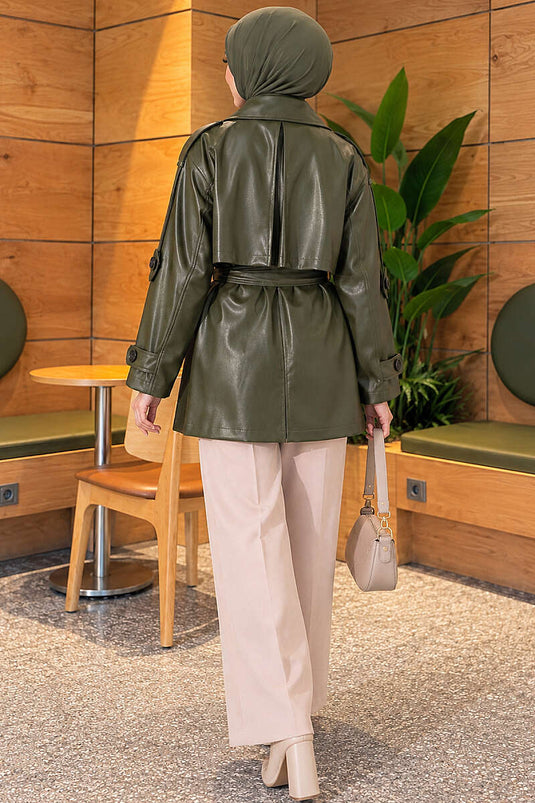 Leder Trenchcoat Mit Schulterklappen In Khaki