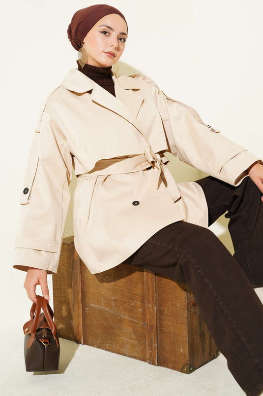 Beige Short Trench Coat with Cape Details and Belt