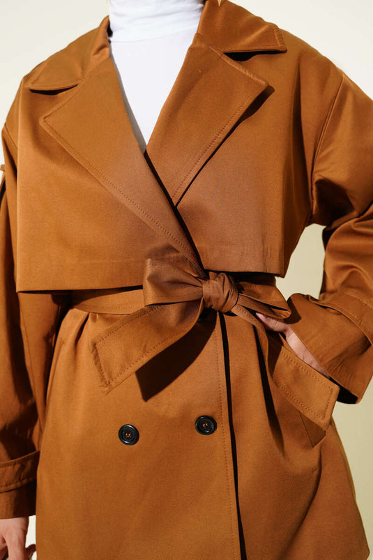 Short Trench Coat with Cape Detail and Belt in Camel