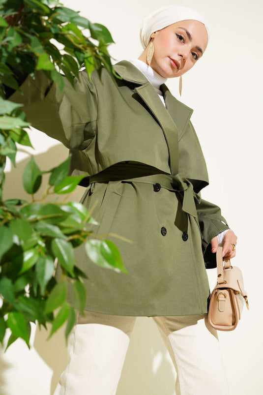 Cape-Detailed Belted Short Trench Coat Khaki