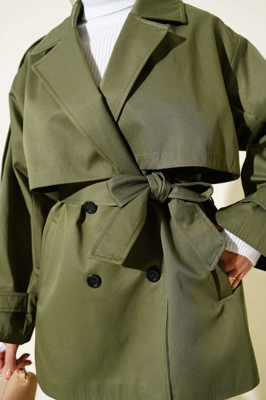 Cape-Detailed Belted Short Trench Coat Khaki