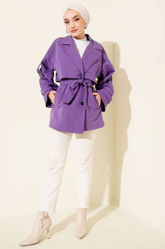 Short Trench Coat with Cape Detail and Belt Lilac