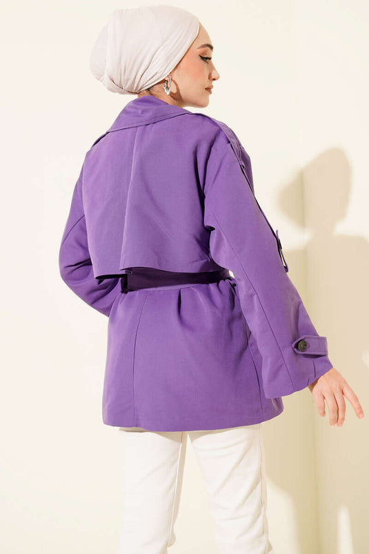 Short Trench Coat with Cape Detail and Belt Lilac
