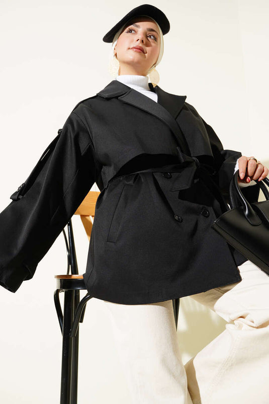 Detailed Cape with Belt Short Trench Coat Black
