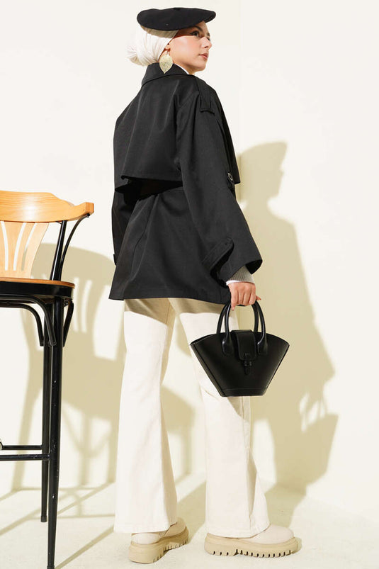 Detailed Cape with Belt Short Trench Coat Black