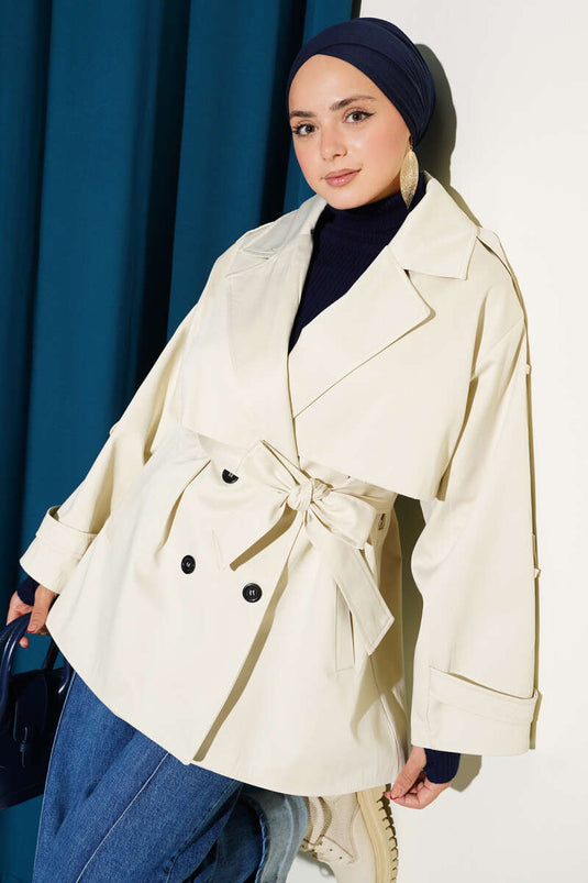 Trench-coat court avec cape et ceinture, couleur pierre
