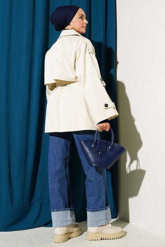 Trench-coat court avec cape et ceinture, couleur pierre