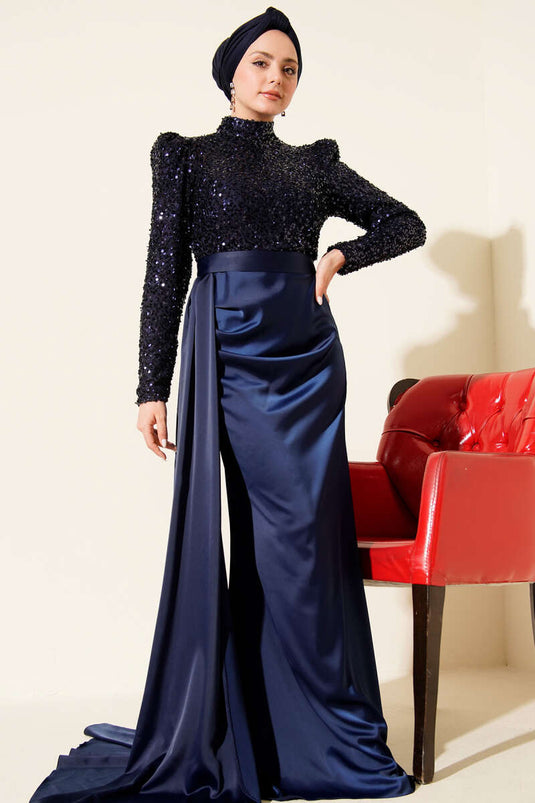 فستان سهرة مزين بالترتر مع تفاصيل الكتف باللون الأزرق الداكن