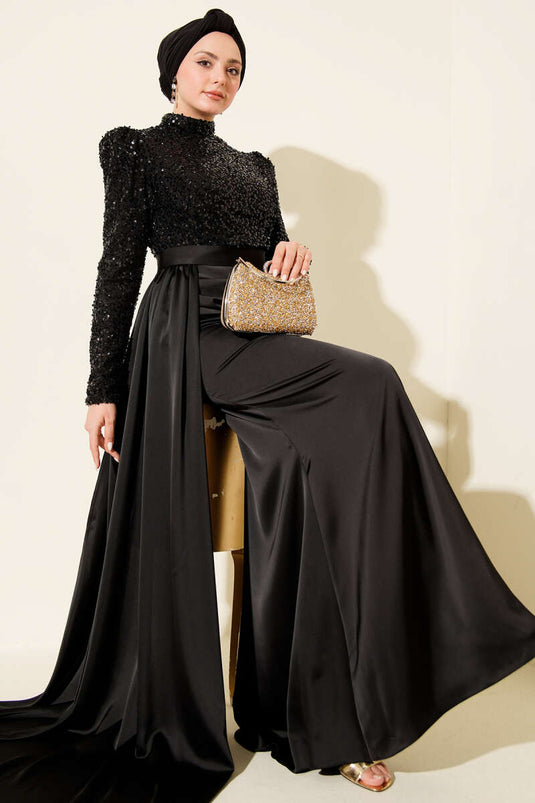 Cape Detailed Sequin Evening Dress Black